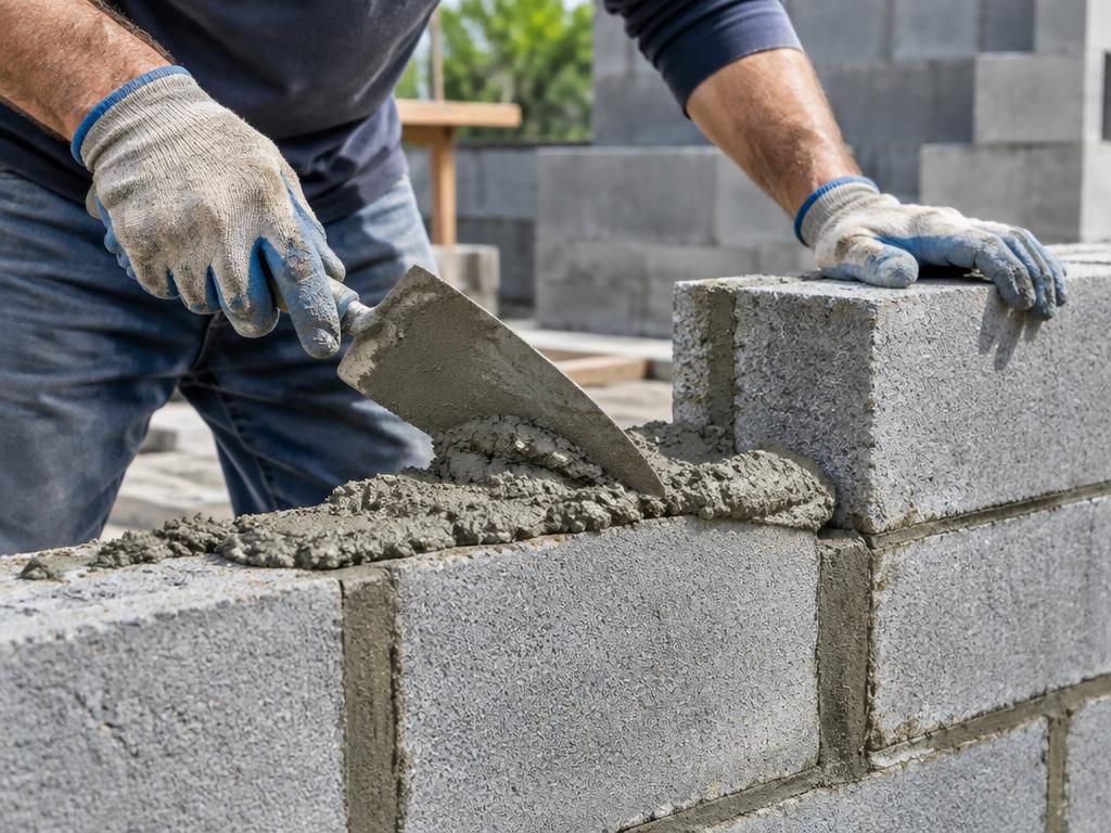 Image of mortar being applied to concrete blocks