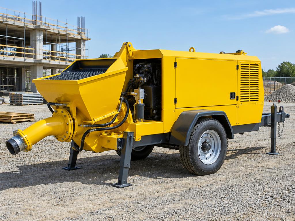 Image of a trailer-mounted stationary concrete pump