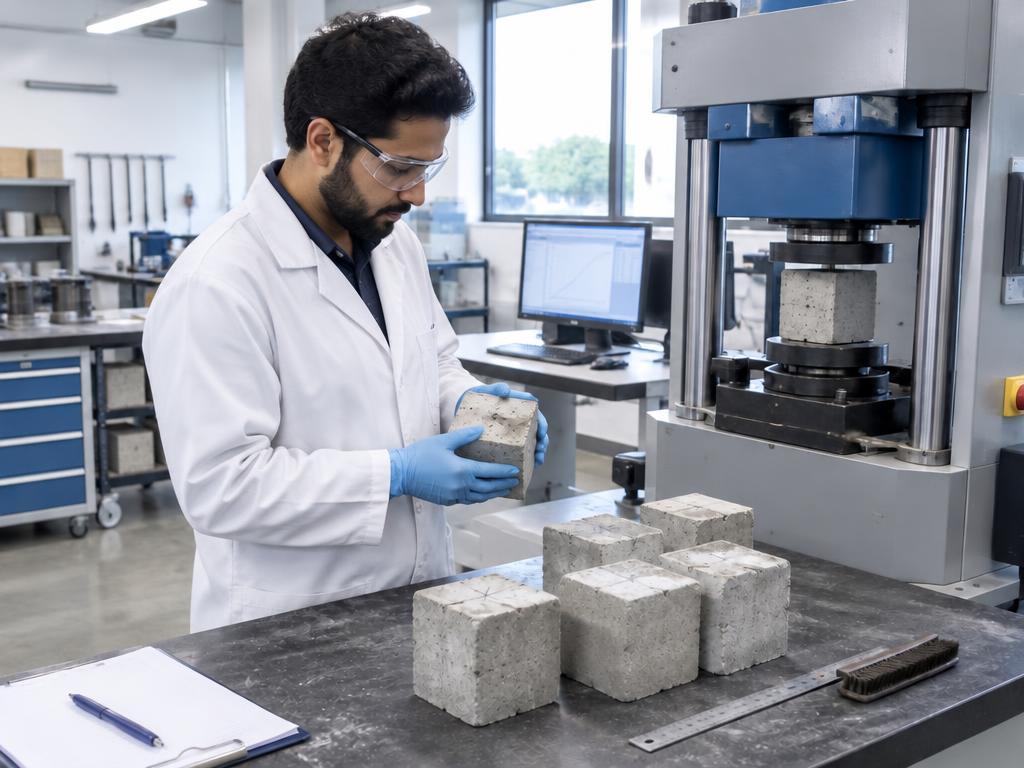 Image of concrete specimens being checked in a testing laboratory